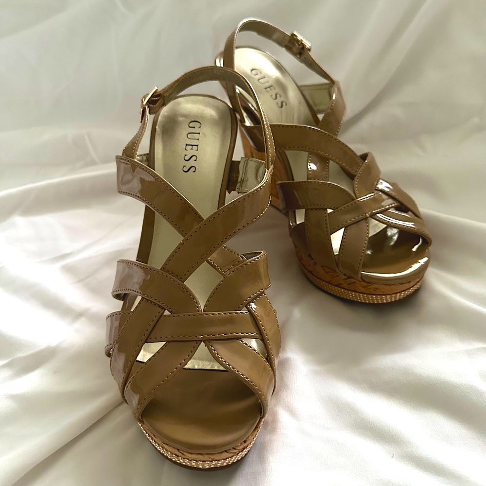 Guess Cork Heel Wedge Platform Sandals Tan Size 8